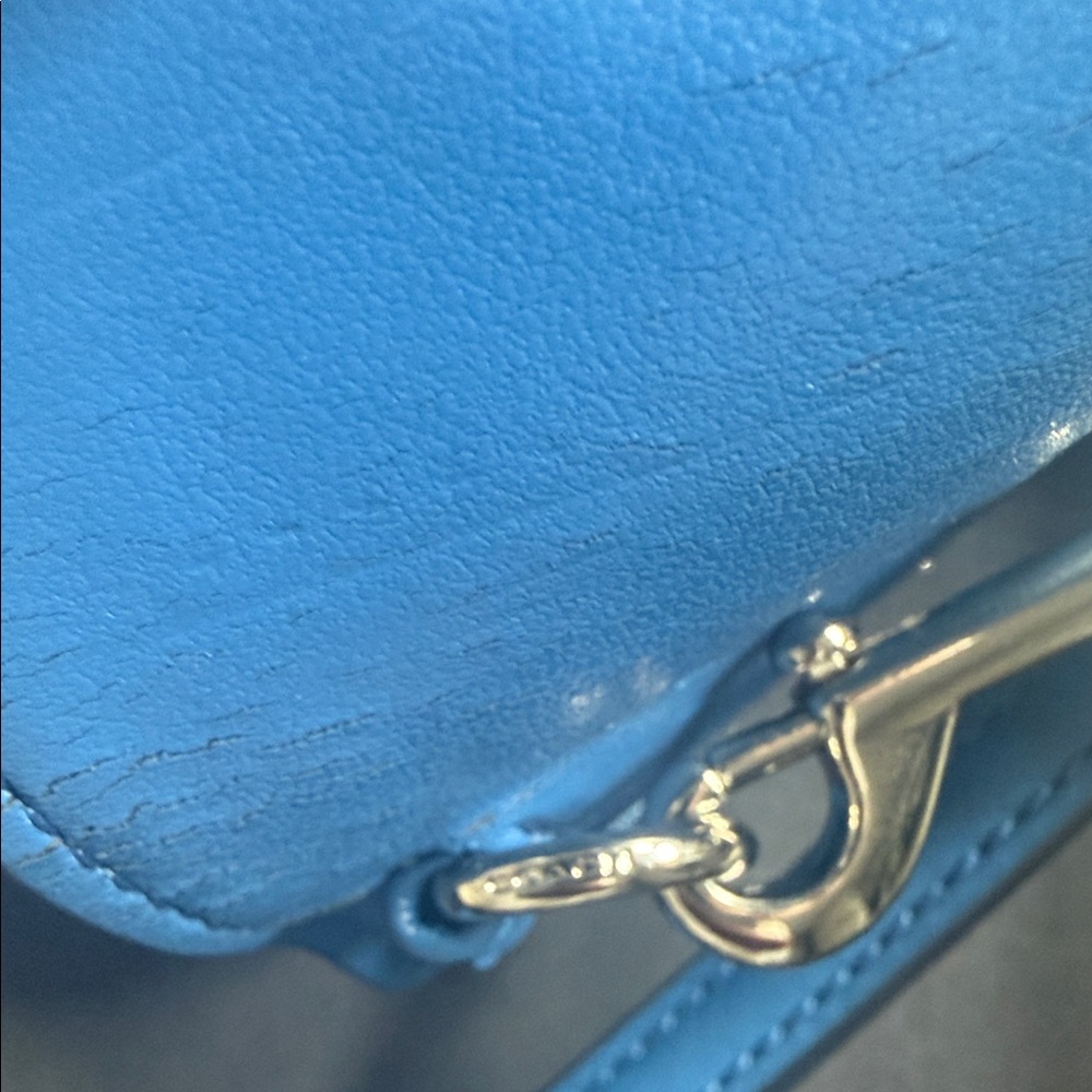 New Coach Blue Leather Compact Wristlet Wallet with Silver Logo Imperfect - Picture 8 of 9
